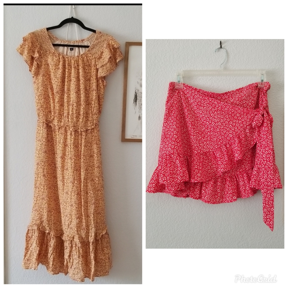 Floral bundle. Yellow floral dress and red floral skirt.